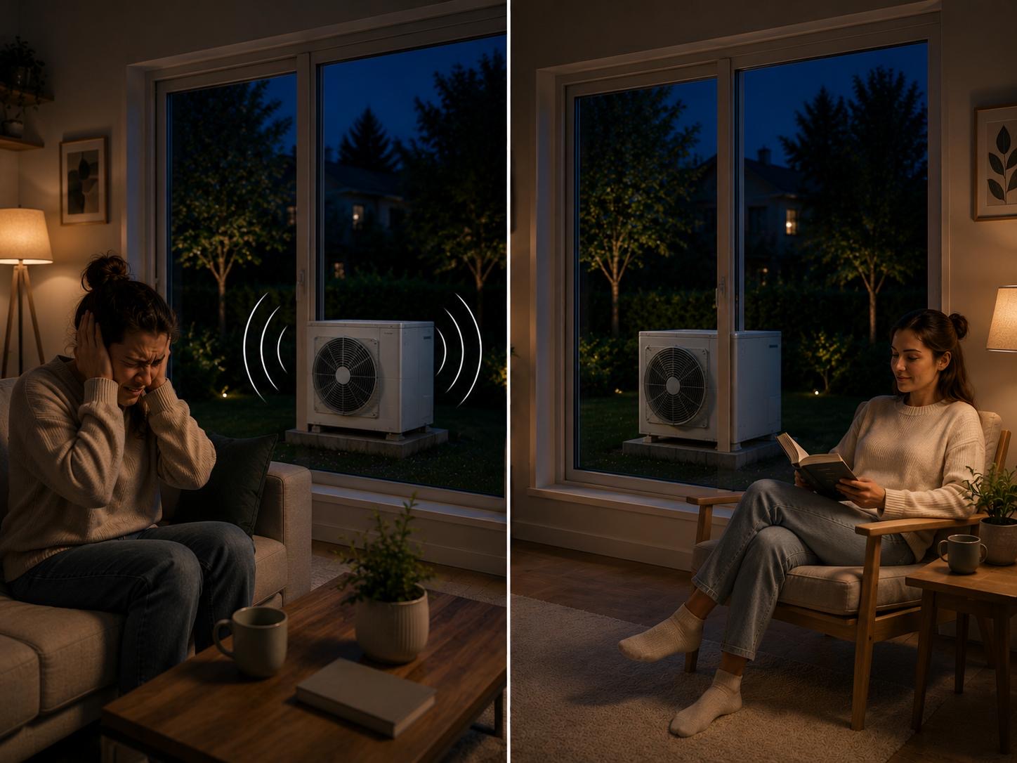 Before and after: a noisy AC unit outside the window versus a calm, quiet room once panels are installed
